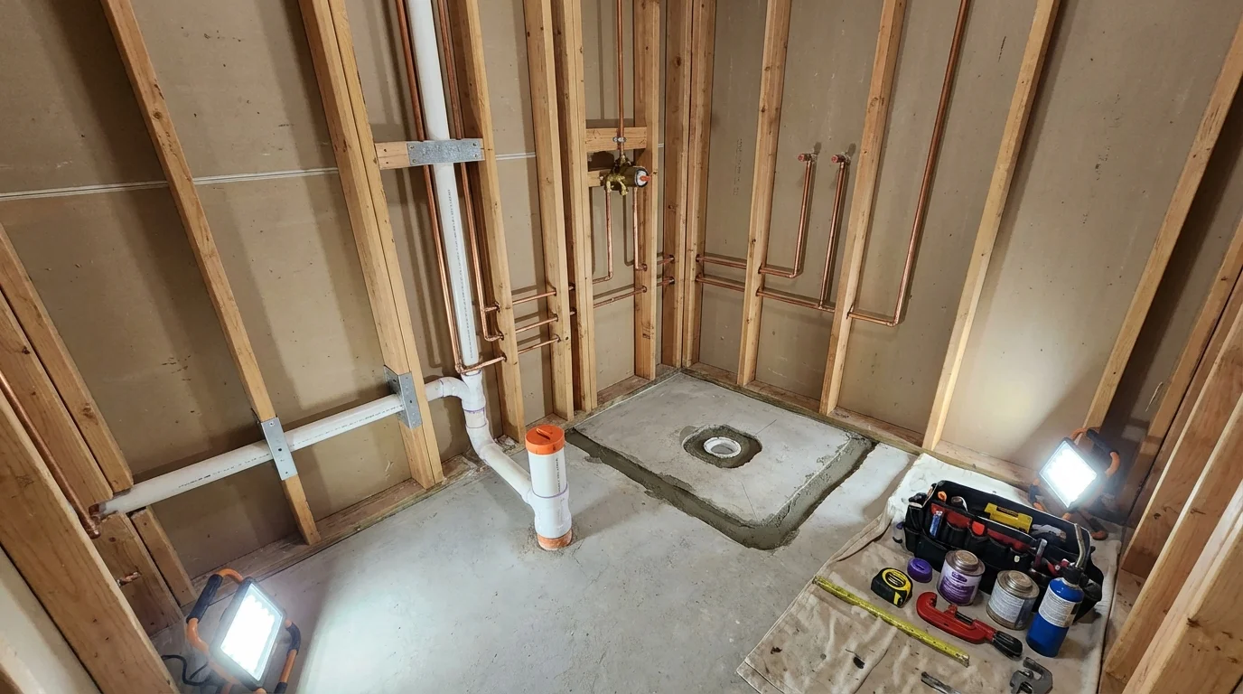 Bathroom rough-in plumbing during remodel by Johns Plumbing LLC in Montara