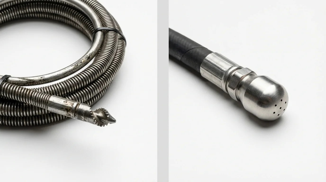 Drain snake cable and hydro jetting nozzle used for drain cleaning in Montara, CA