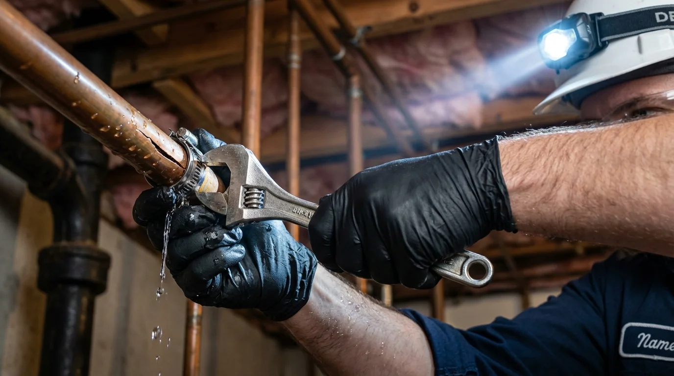 Emergency pipe clamp repair being performed by a Johns Plumbing LLC plumber in Montara
